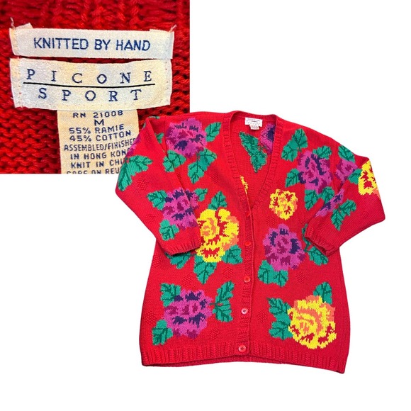 1990s Red Floral Hand Knit Oversized Long Cardigan Sweater / Women’s Medium * - Picture 1 of 4